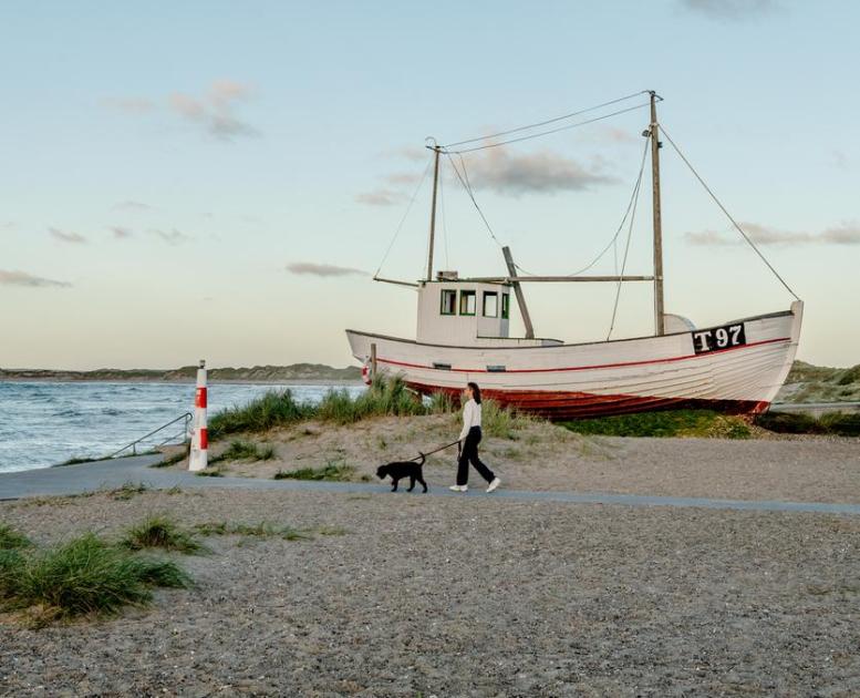 Klitmøller_pige_hund_fiskekutter